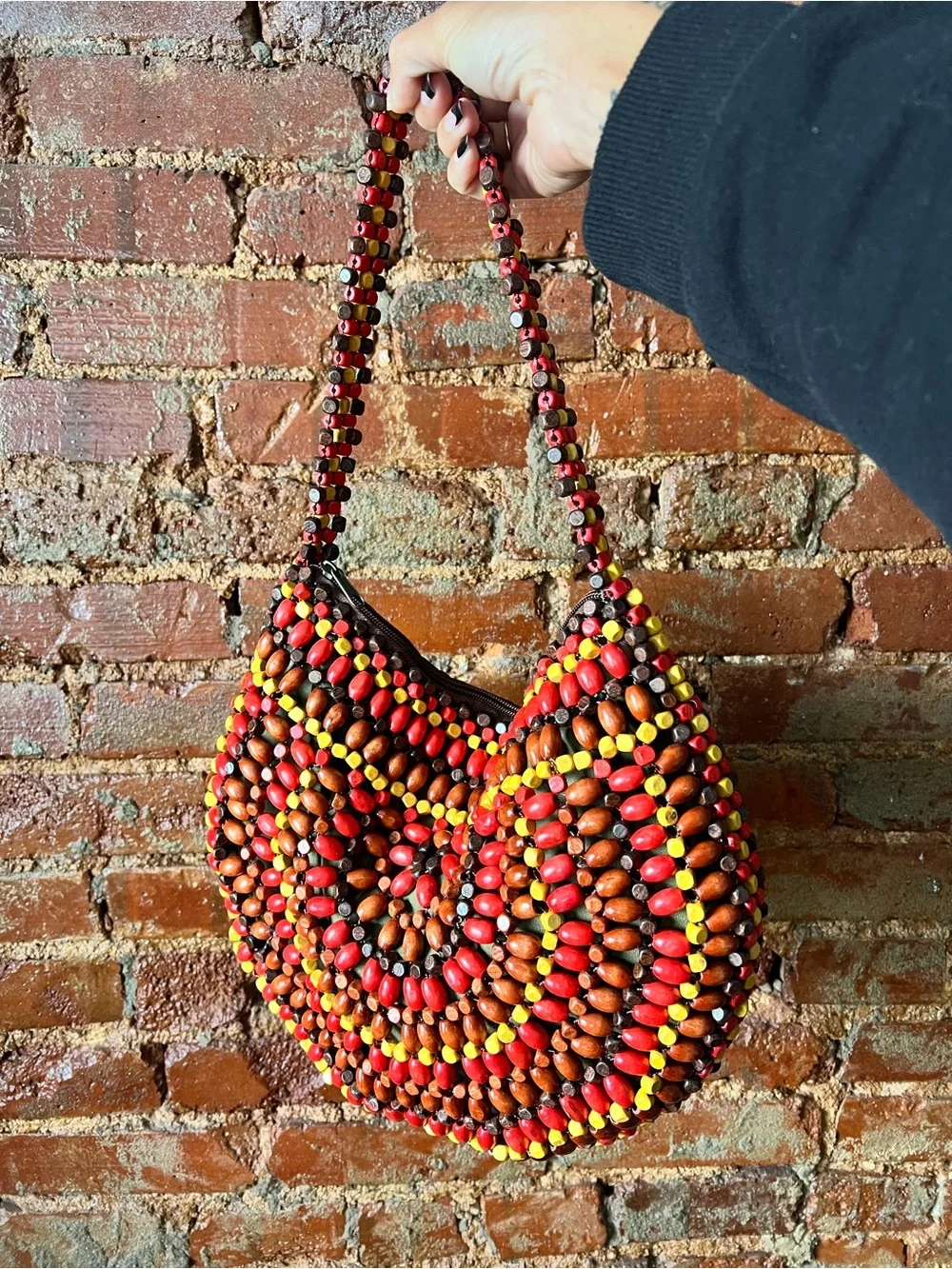 Red & Brown Beaded Shoulder Bag